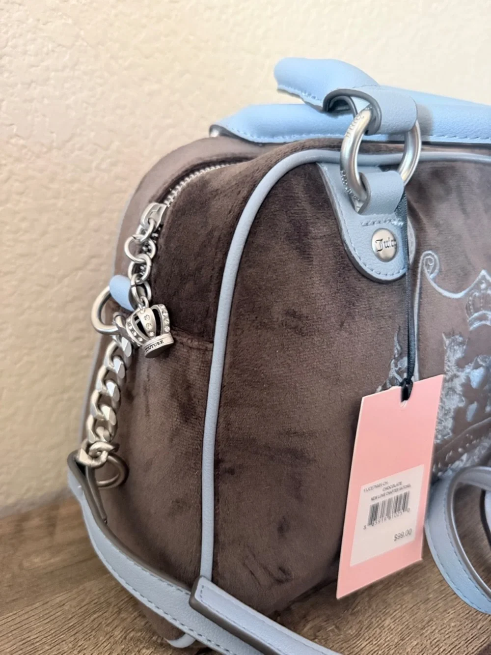 Juicy Couture Light Blue & Brown Velvet love chapter Satchel day dreamer bag